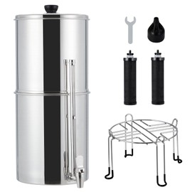 Gravity-fed Water Filter System, 2.25 Gallon Stainless Steel Countertop Filter System with 2 Filters and Stand, Reduce 99% Chlorine, for Home, Camping, RV, Fishing