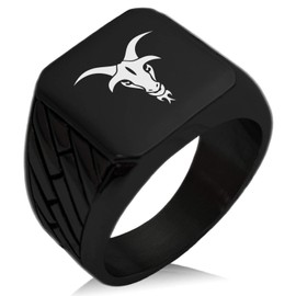 Tioneer Black IP Plated Stainless Steel Tribal Goat Geometric Pattern Biker Style Polished Ring, Size 8
