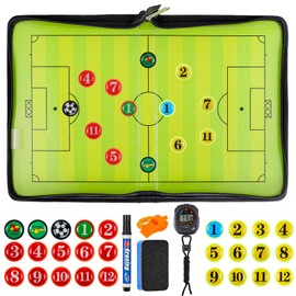 JIZZU Football Tactical Board Portable, Football Coach Board, Foldable Trainer Folder Football with Magnetic Large Chess Pieces, Stopwatch Timer, Referee Whistles, Sponge, Board Marker