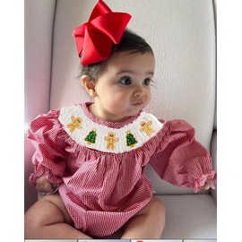 Ysfanwuxi Baby Girl Smocked Christmas Outfit Santa Claus Smocked Bubble Romper Plaid Bodysuit Xmas Clothes (Red, 2-3T)