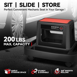 Auto Dynasty Portable Rolling Tool Seat with Functionality Built-in Storage Compartment Accessory Tray Fits Auto Mechanics Workshops, Red/Black