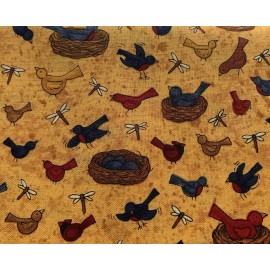 South Sea Imports Vtg "Small Friends" Bird Fabric By Teresa Kogut For SSI Navy Harvest Gold BTHY
