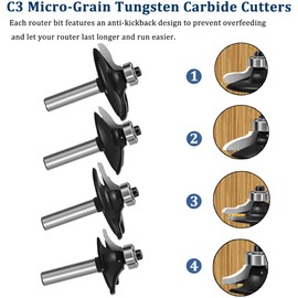LEATBUY Router Bit Set 1/4-Inch Shank Door&Drawer Front Edging 4 PCS, Woodworking Milling Cutter Tools, CNC Wood Table Cabinet Router Grooving Mill Tool Router Bits Sets(Steel)