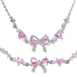 MUNSKT 2 Pcs Sparkling Silver Bow Jewelry Set, Adjustable Bracelet & Necklace Adorned with Pink Zirconia, Elegant Gifts for Girls Women, for Wedding Birthday Christmas Party