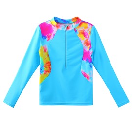 TFJH E Two Piece Girls Long Sleeve Swimsuits Rashguard Sunsuits UPF 50+ Bathing Suits Zipper Blue Tiedye 6A