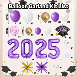 Graduation Balloons Garland Arch Kit, Graduation Balloons Class of 2025, Purple and White Gold Latex Balloons with Graduation Class Foil Balloons for 2025 Graduation Party Decor