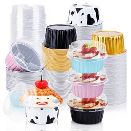 RETON 100 Pieces Aluminium Foil Baking Cups Waterproof Muffin Cases with Lids 5 oz Cupcake Cases Muffin Cases Aluminium Foil for Cupcakes, Muffins, Cheesecakes, Dessert (5 Colours)