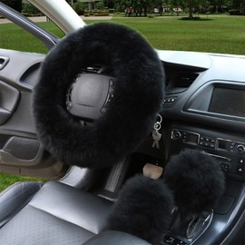 SPANICE 3 Pcs Car Steering Wheel Cover & Handbrake Cover & Gear Shift Cover Set Faux Wool Warm Winter (Black)