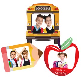 3 Pcs Back to School Photo Props Frame School Bus Photo Booth First Day of School Welcome Decorations School Pencil Shaped Backdrops for Back to School Party Classroom Supplies