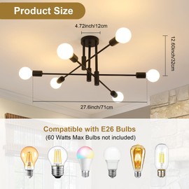 DELIPOP Sputnik Light Fixture, Light Dining Room Light Fixture, Mid-Century Modern Ceiling Light Fixture for Living Room, Kitchen, Dining Room, Bedroom Black-3 6 Light