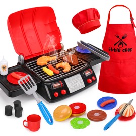 Kids Grill Playset Kitchen Toys with Apron Hat for Cooking Food Smoke Light Outdoor Pretend Play Accessories 3-5 4-8 BBQ Outside Camping Barbecue Toddler Boy Toy 3 4 5 6 Year Old Birthday Gift