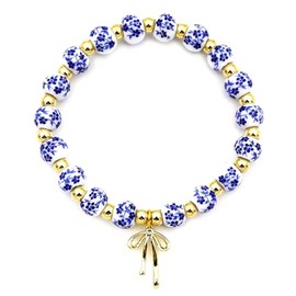 TTYY Beads Bow Blue White Porcelain Bead Vintage Stretch Bracelet with Metal Spacer Beads and Gold Plated Butterfly Clasp