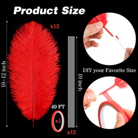 Lyrow 25 Pcs Ostrich Feathers Bulk Plumes 10-12 Inch (25-30 cm) Include 12 Pcs Natural Feathers for Vase 12 Sticks and Tape for DIY Crafts Wedding Masquerade Party Centerpiece Decorations(Red)