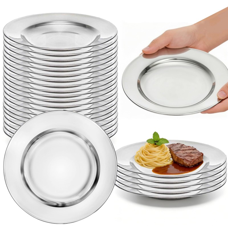 ZAVOOS 24 Pack Stainless Steel Dinner Plates, 8 Inch Metal