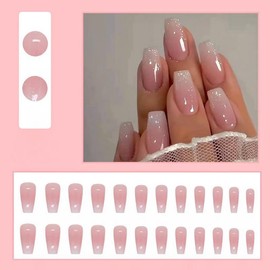 VRIINGTA Press on Nail Fake Nail，24 pcs Medium Glue on Full Cover False Nail with Tool Set，Coffin Pink Artificial Stick on Nail for Girl Women