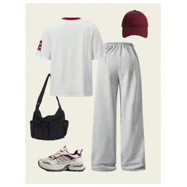 SOLY HUX Girl's Sporty Outfits Number Graphic Jersey Shirt and Baggy Sweatpants Suit 2 Piece Set White and Grey 11Y