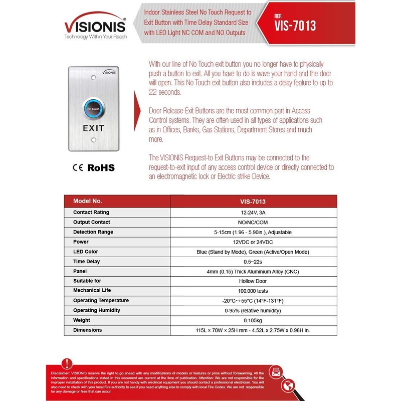 FPC-5426 Visionis VIS-7013 Stainless Steel No Touch Request to Exit