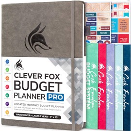 Clever Fox Budget Planner PRO - Financial Organizer + Cash Envelopes. Monthly Finance Journal, Expense Tracker & Personal Account Book, Undated, 18 x 25.5cm - Grey