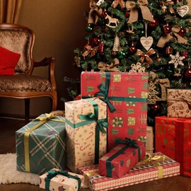 Hianjoo 6 Sheets Gift Wrapping Paper, 20x28 inch Recyclable Kraft Gift Wrapping Paper and 1 Sticker and 4 Ribbon for Birthday, Valentines, Christmas, Graduation, Baby Shower, Easter, DIY Craft