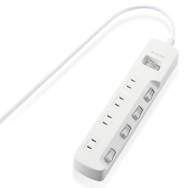 Elecom T-E7A-2420WH Power Strip, Bulk & Individual Switch, Energy Saving, Swing Plug, 4 Outlets, 6.6 ft (2 m), White