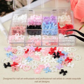 Zoolinn 600 Pcs 3D Nail Charms & Flatback Pearls Set, 2-4mm White Nail Pearls, Cute Nail Jewels, 8 Color Nail Bows, White & Pink Moon, Heart, Star, DIY Nail Art Decoration Kit with Pickup Tools