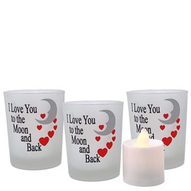 BANBERRY DESIGNS Valentine's Day Decorations - Set of 3 Frosted Glass Votive Candle Holders - I Love You to The Moon and Back - Each Holder Stands Approx. 2.5 Inches