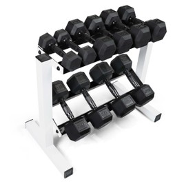 CAP Barbell 150 lb Coated Black Handle Hex Dumbbell Weight Set with Two Tier White Rack