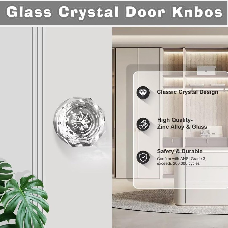 NIZADO Interior Glass Door Knobs 3 Pack, Crystal Door Knobs
