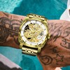 GLENAW Gold Carved Automatic Watches for Men, Retro Tattoo Skeleton