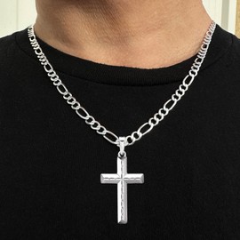 Silver Shoppe Jewelry Mens Sterling Silver Diamond Cut Cross Pendant 5mm Italian Figaro Chain Necklace - 120-24