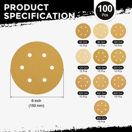Kozelo 100 Pack Sanding Disc Kit 6 Inch 60/80/100/120/150/220/320/400/600/800 Grit 6 Hole Hook and Loop Random Orbital Sandpaper for Drywall Sander Wood Metal