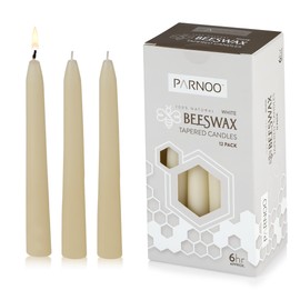 PARNOO 100% Natural White Beeswax 8 Inch Tall Tapered Candles, 6 Hours Burn time - Pack of 12 (Dripless and Smokless)