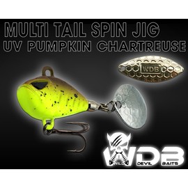 Wild Devil Baits Multi Tail Spin Jig Lead Head Spinner Jig Spinner Artificial Bait Fishing Lure (UV Green Pumpkin Chartreuse, 10 g)