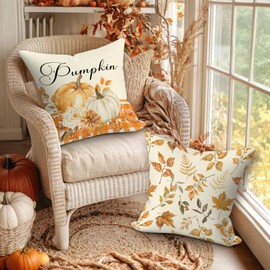 Benjia Fall 18x18 Throw Pillow Covers Set of 4, Orange Pumpkin Fallen Leaves Decorative Holiday Pillow Case 18 x 18 Autumn Cushion Covers Thanksgiving Pillowcase for Indoor Home Bedroom Sofa Decor