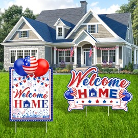 2PCS Welcome Home Outdoor Yard Sign Decorations Blue Red Welcome Lawn Sign with Stakes Homecoming Sweet Home Sign Supplies for Family Housewarming Welcoming Office Labor Day Party Outside Indoor Decor