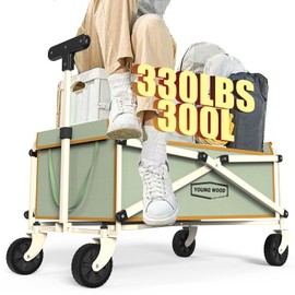 YOUNG WOOD Collapsible Wagon cart with 300lbs Weight Capacity, Heavy Duty 300L Outdoor Portable Utility Cart, All Terrain Sports Beach Wagon with 360° Rolling Wheel & Adjust Handle,Green