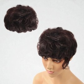 (Dark Brown) Partial Wig Human Hair Top Cover Wave Crown Wig Short Perm Human Hair Wig (WFLO378) / (다크브라운) 부분가발 인모 탑커버 웨이브 정수리가발 숏펌 인모가발 (WFLO378)