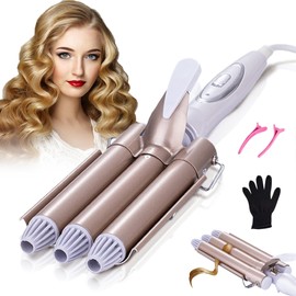 Da ba wang 3 Barrel Curling Iron Wand-Triple Hair Waver for Beach Waves Set, 1 Inch Ceramic Tourmaline Triple Barrels, Hair Waving Styling Tools (Champagne Gold)