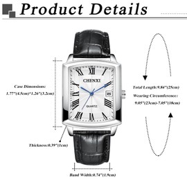 Silverora Watches Men Women Rectangular: 3ATM Waterproof Date Calendar Analogue Quartz Men's Watches Adjustable Leather Strap Watch with Roman Numeral Scale Gifts for Men Women, Men's White, Strap.