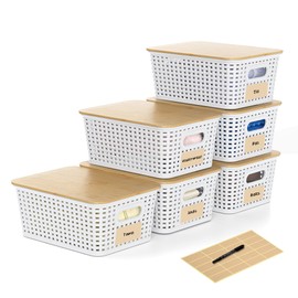 6 Pieces White Plastic Storage Baskets with Bamboo Lids with Labels Stackable Storage Containers for Organizing Shelves Drawers Desktop Closets Office