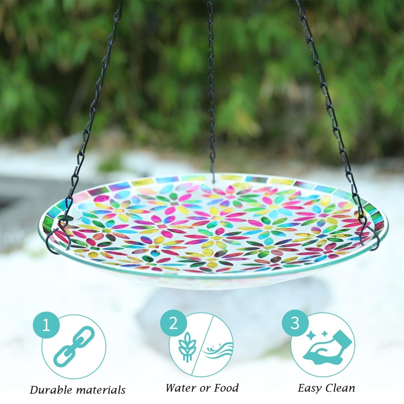 VCUTEKA Hanging Bird Bath, Glass Mosaic Bird Baths for Outdoors