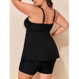 Summer Mae Ribbed Plus Size Swimsuit Women Tankini Two Piece Bathing Suit with Pockets Capris Short Tummy Control Swimwear Black 18 Plus