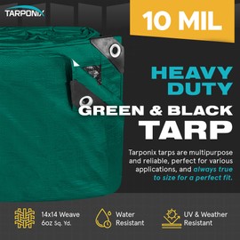 Tarponix 10' x 20' Dual-Sided Heavy-Duty Tarp – 10 Mil Tear-Resistant Green & Black Cover with Reinforced Edges and Anti-Rust Grommets
