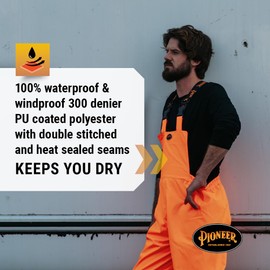 Pioneer Hi Vis Ripstop Waterproof Bib Pants/Overalls for Men - Reflective Safety Work Rain Pants - High Visibility Orange