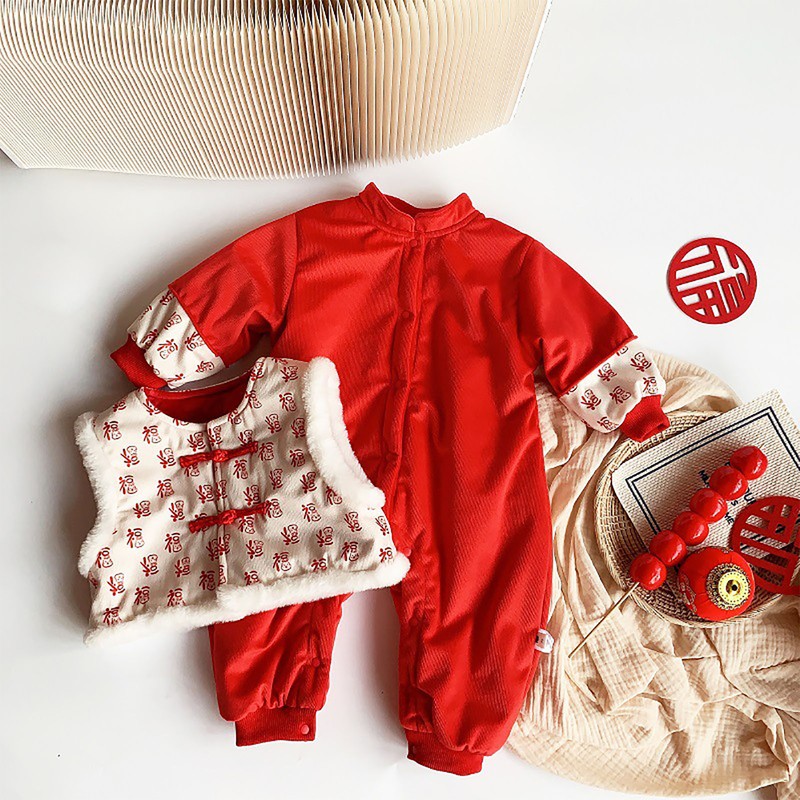 Chinese New Year Baby Romper Cotton Vintage Coil Buckle Festive