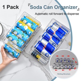 1PC Soda Can Organizer for Refrigerator & Pantry, Space Saving Auto-Rolling Stacking Can Dispenser Holds 12 Cans, Fits Skinny/Standard/Tall Cans, Clear Fridge Can Holder Storage for Kitchen, Office