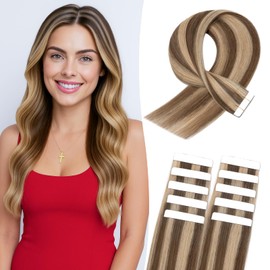 Tape Extensions Real Hair 10 Pieces 30 cm Medium Brown/Dark Blonde Remy Invisible Hair Tape-In Hair Extensions Natural 15 g 12 Inches #4P27 Straight Real Hair Skin Weft Tape