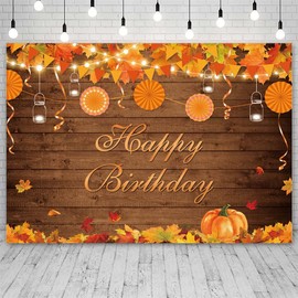 Sendy 8x6ft Autumn Fall Happy Birthday Backdrop Rustic Wood Maple Leaves Pumpkin Photography Background Birthday Party Decorations Mexican Paper Fans Banner Photo Props