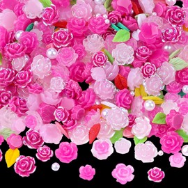 400 Pieces Camellia Flower Charms for Acrylic Nails - 3D Rose Floral Gems, Pink Leaf Accessories, White Pearls Supplies for Women Nail Art Design (Rose Red)
