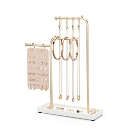 ChuStory T-Bar Jewelry Holder, Jewelry Stand with Metal Frame and Velvet Tray, Jewelry Stand Organizer, White